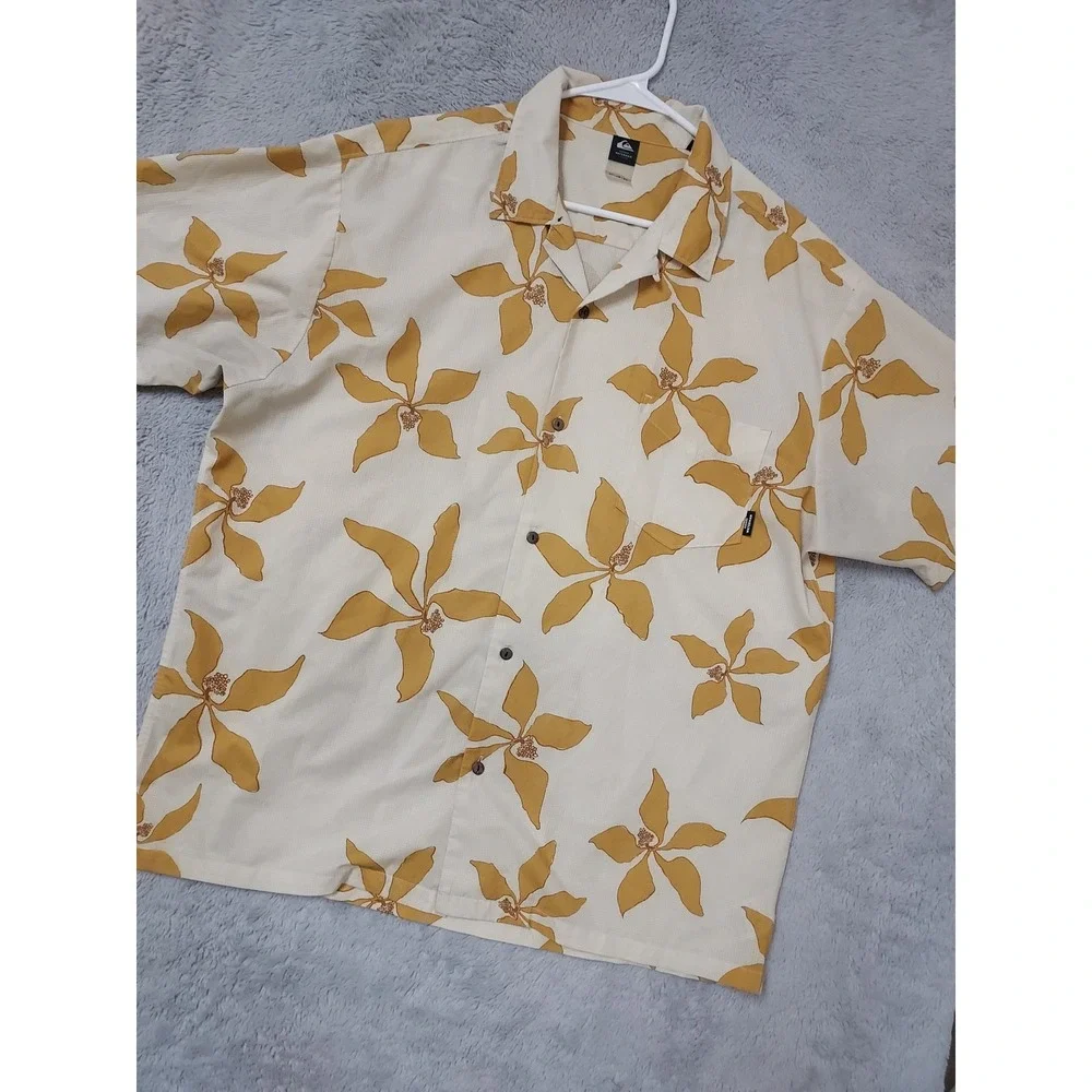 Quiksilver Shirt Mens XL Waterman Collection Floral Loop Collar Camp Brown Beach